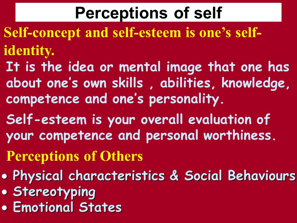 Perceptions of self It is the idea or mental image that one has about one’s own skills, abilities, knowledge, competence and one’s personality.