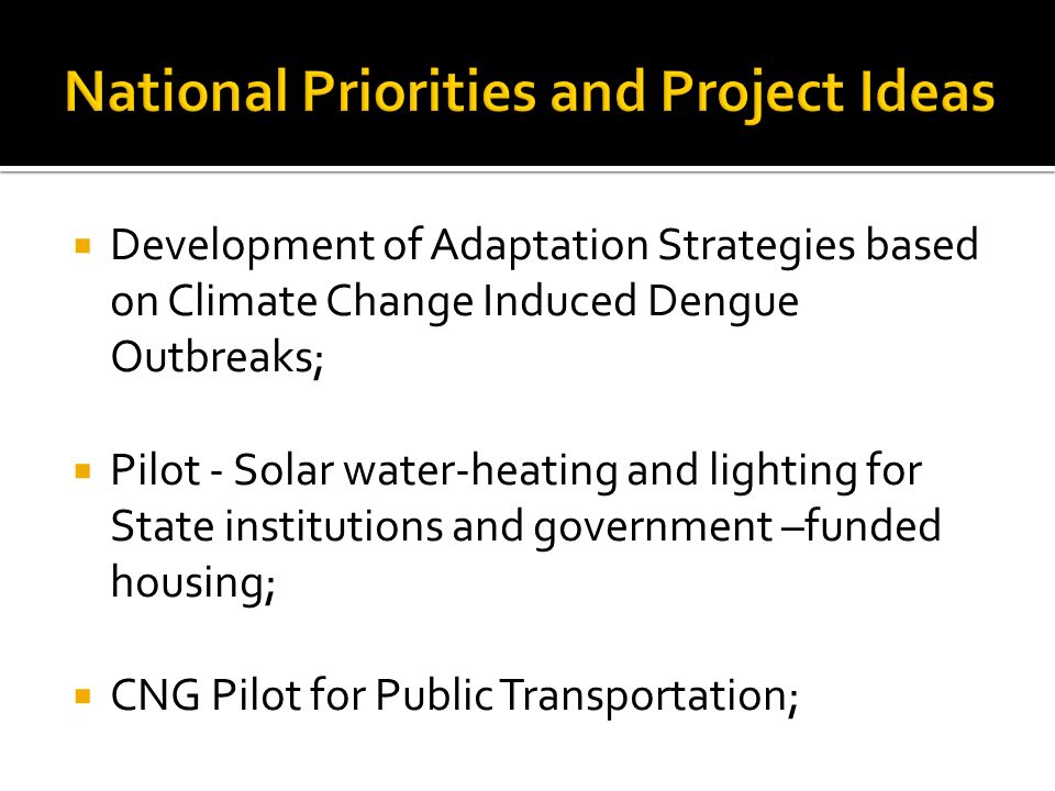  Development of Adaptation Strategies based on Climate Change Induced Dengue Outbreaks;  Pilot - Solar water-heating and lighting for State institutions and government –funded housing;  CNG Pilot for Public Transportation;