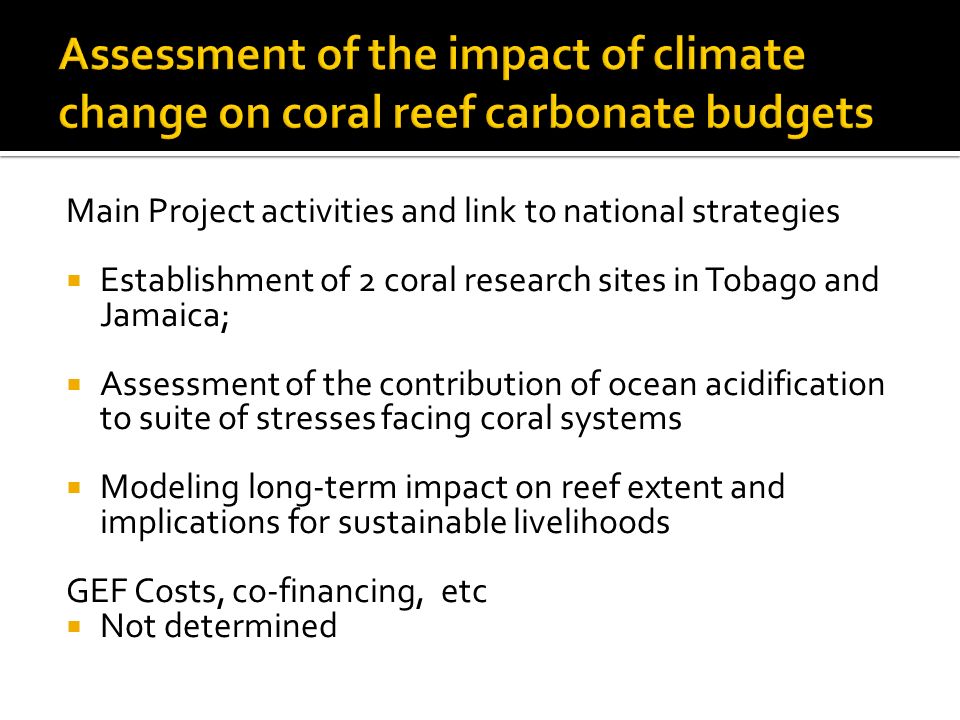 Main Project activities and link to national strategies  Establishment of 2 coral research sites in Tobago and Jamaica;  Assessment of the contribution of ocean acidification to suite of stresses facing coral systems  Modeling long-term impact on reef extent and implications for sustainable livelihoods GEF Costs, co-financing, etc  Not determined