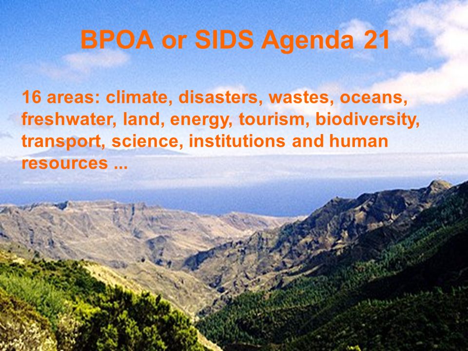 BPOA or SIDS Agenda areas: climate, disasters, wastes, oceans, freshwater, land, energy, tourism, biodiversity, transport, science, institutions and human resources...
