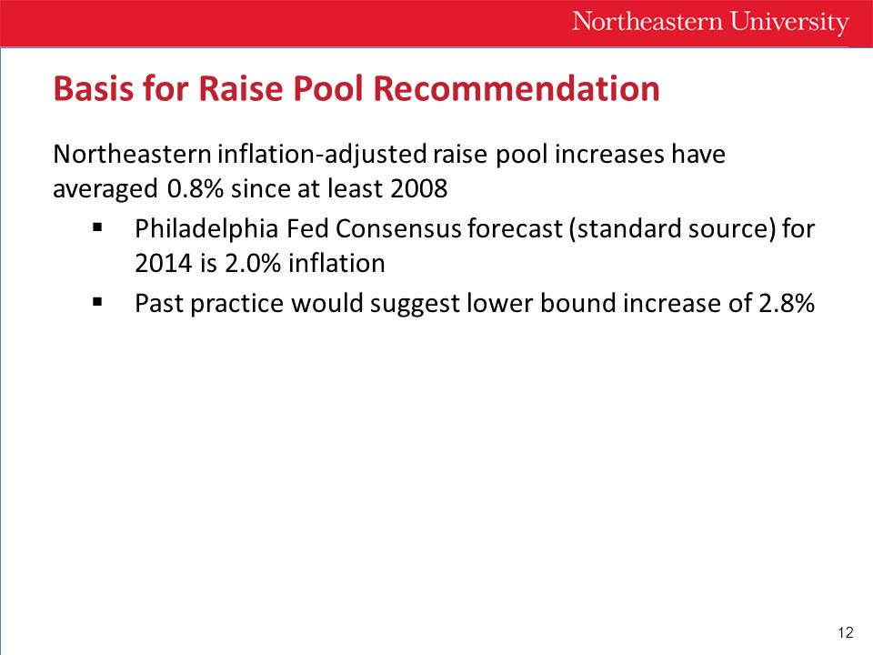 12 Northeastern inflation-adjusted raise pool increases have averaged 0.8% since at least 2008  Philadelphia Fed Consensus forecast (standard source) for 2014 is 2.0% inflation  Past practice would suggest lower bound increase of 2.8% Basis for Raise Pool Recommendation