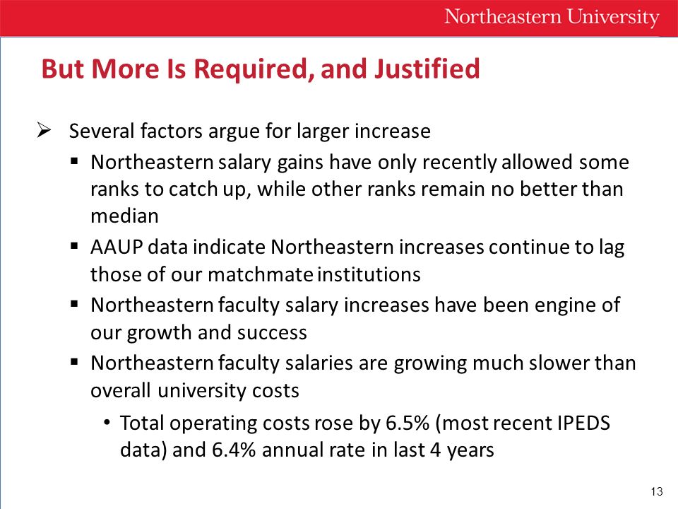 13  Several factors argue for larger increase  Northeastern salary gains have only recently allowed some ranks to catch up, while other ranks remain no better than median  AAUP data indicate Northeastern increases continue to lag those of our matchmate institutions  Northeastern faculty salary increases have been engine of our growth and success  Northeastern faculty salaries are growing much slower than overall university costs Total operating costs rose by 6.5% (most recent IPEDS data) and 6.4% annual rate in last 4 years But More Is Required, and Justified