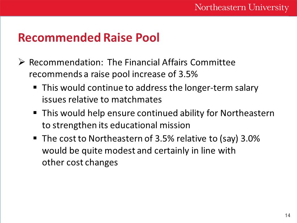14  Recommendation: The Financial Affairs Committee recommends a raise pool increase of 3.5%  This would continue to address the longer-term salary issues relative to matchmates  This would help ensure continued ability for Northeastern to strengthen its educational mission  The cost to Northeastern of 3.5% relative to (say) 3.0% would be quite modest and certainly in line with other cost changes Recommended Raise Pool