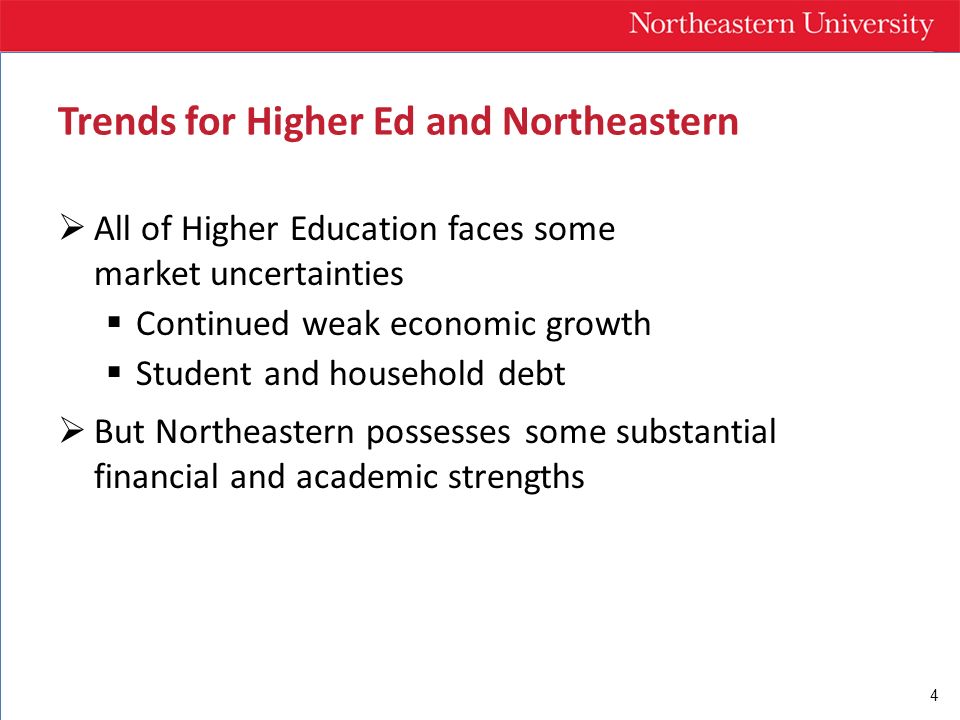 4  All of Higher Education faces some market uncertainties  Continued weak economic growth  Student and household debt  But Northeastern possesses some substantial financial and academic strengths Trends for Higher Ed and Northeastern