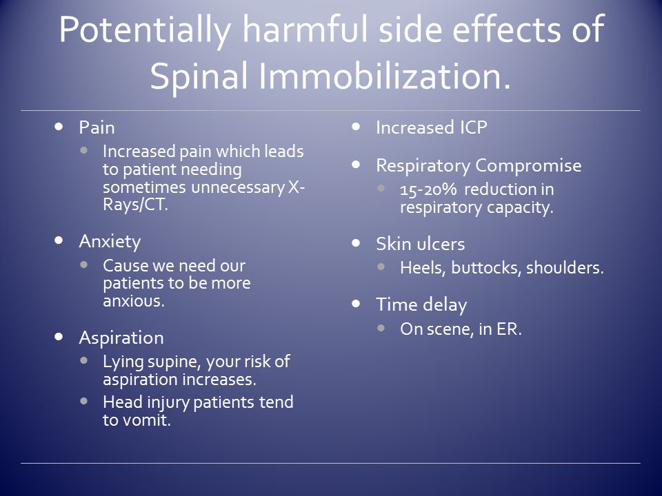Potentially harmful side effects of Spinal Immobilization.
