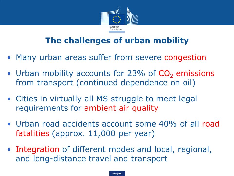 Transport Many urban areas suffer from severe congestion Urban mobility accounts for 23% of CO 2 emissions from transport (continued dependence on oil) Cities in virtually all MS struggle to meet legal requirements for ambient air quality Urban road accidents account some 40% of all road fatalities (approx.