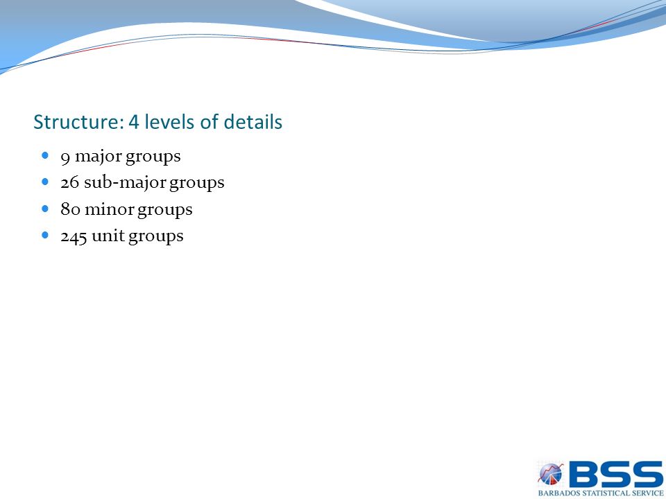 Structure: 4 levels of details 9 major groups 26 sub-major groups 80 minor groups 245 unit groups