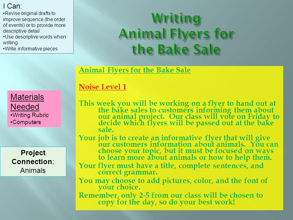 Animal Flyers for the Bake Sale Noise Level 1 This week you will be working on a flyer to hand out at the bake sales to customers informing them about our animal project.
