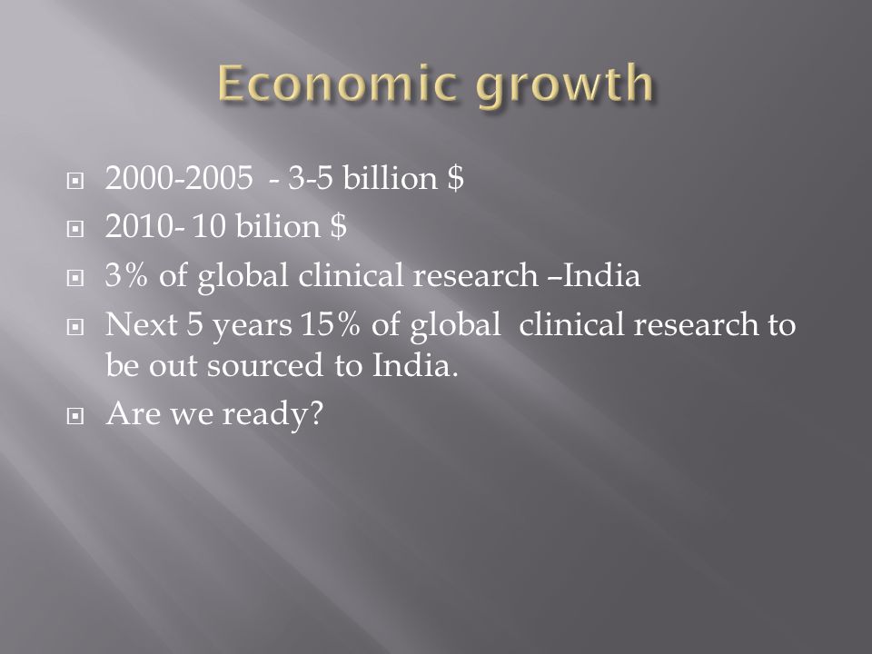  billion $  bilion $  3% of global clinical research –India  Next 5 years 15% of global clinical research to be out sourced to India.