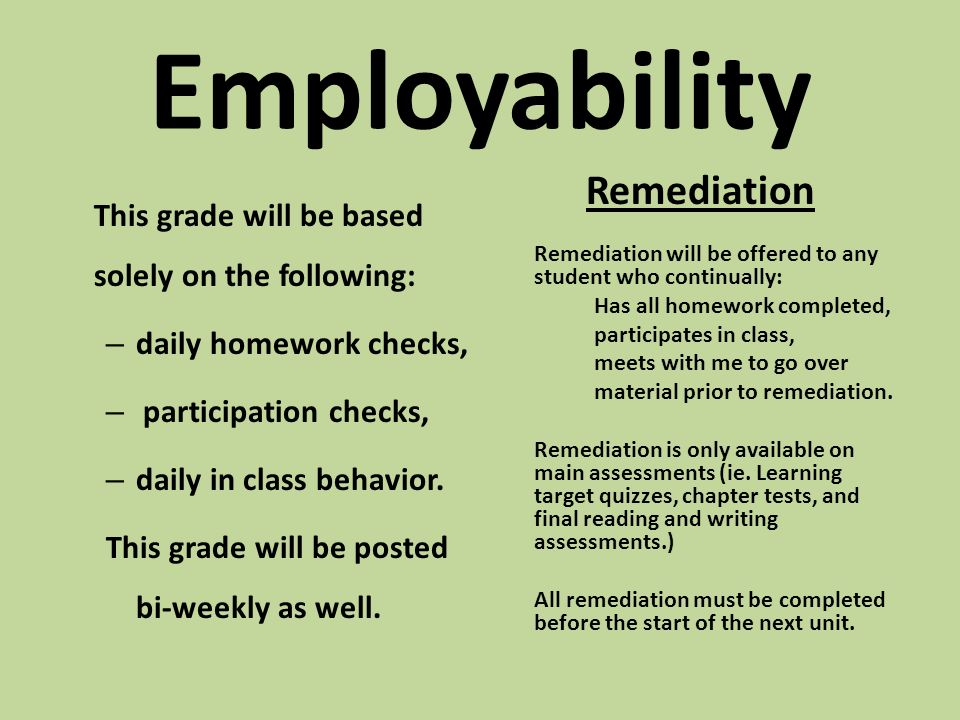 Employability This grade will be based solely on the following: – daily homework checks, – participation checks, – daily in class behavior.