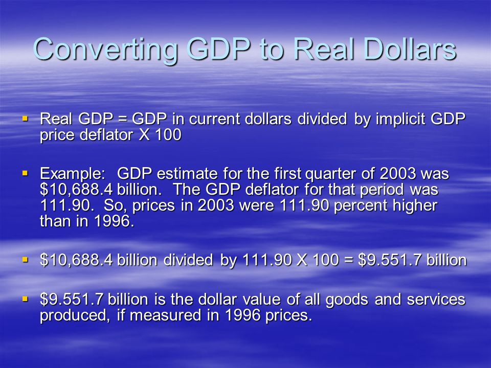 Converting GDP to Real Dollars  Real GDP = GDP in current dollars divided by implicit GDP price deflator X 100  Example: GDP estimate for the first quarter of 2003 was $10,688.4 billion.