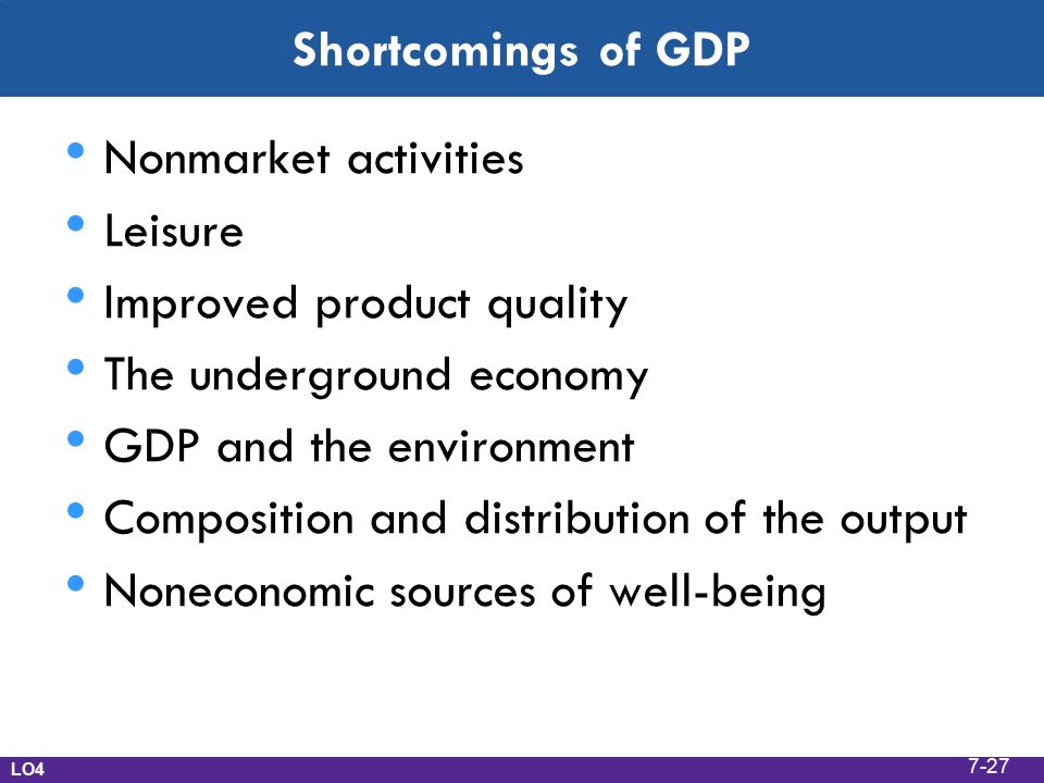 Shortcomings of GDP Nonmarket activities Leisure Improved product quality The underground economy GDP and the environment Composition and distribution of the output Noneconomic sources of well-being LO4 7-27
