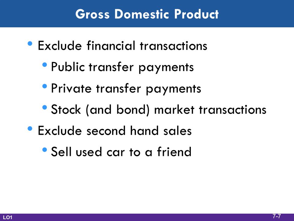 Gross Domestic Product Exclude financial transactions Public transfer payments Private transfer payments Stock (and bond) market transactions Exclude second hand sales Sell used car to a friend LO1 7-7