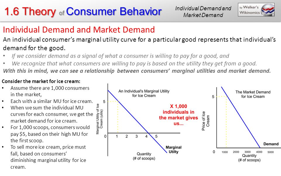 1.6 Theory of Consumer Behavior Individual Demand and Market Demand An individual consumer’s marginal utility curve for a particular good represents that individual’s demand for the good.
