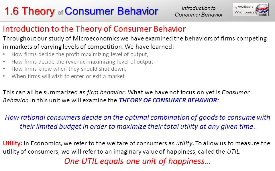 1.6 Theory of Consumer Behavior Introduction to the Theory of Consumer Behavior Throughout our study of Microeconomics we have examined the behaviors of firms competing in markets of varying levels of competition.