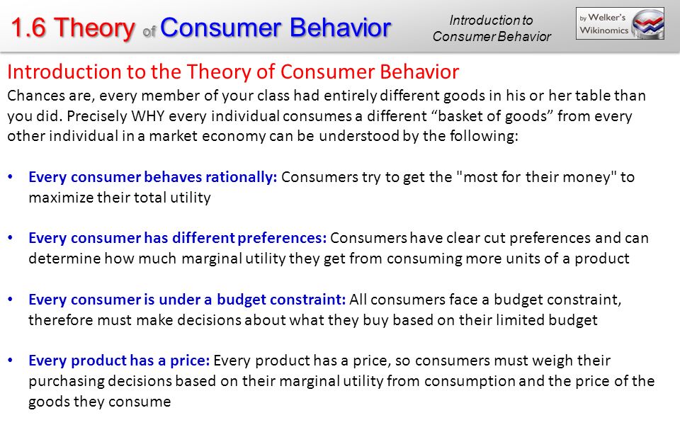 1.6 Theory of Consumer Behavior Introduction to the Theory of Consumer Behavior Chances are, every member of your class had entirely different goods in his or her table than you did.