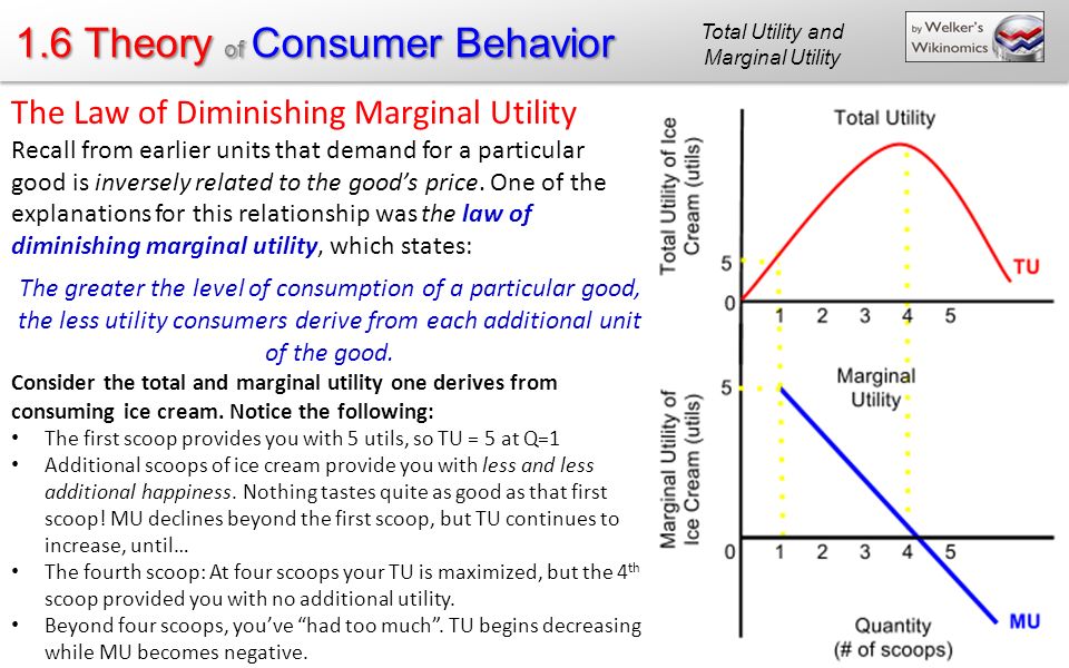 1.6 Theory of Consumer Behavior The Law of Diminishing Marginal Utility Recall from earlier units that demand for a particular good is inversely related to the good’s price.
