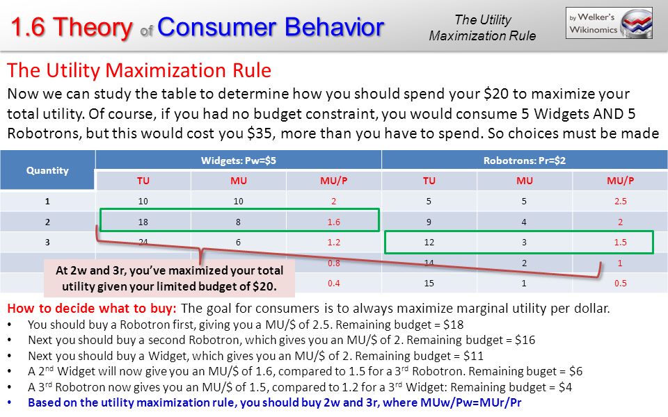 1.6 Theory of Consumer Behavior The Utility Maximization Rule Now we can study the table to determine how you should spend your $20 to maximize your total utility.