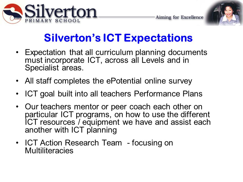 Silverton’s ICT Expectations Expectation that all curriculum planning documents must incorporate ICT, across all Levels and in Specialist areas.