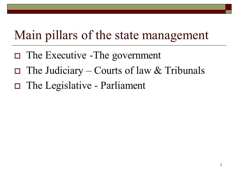 2 Main pillars of the state management  The Executive -The government  The Judiciary – Courts of law & Tribunals  The Legislative - Parliament