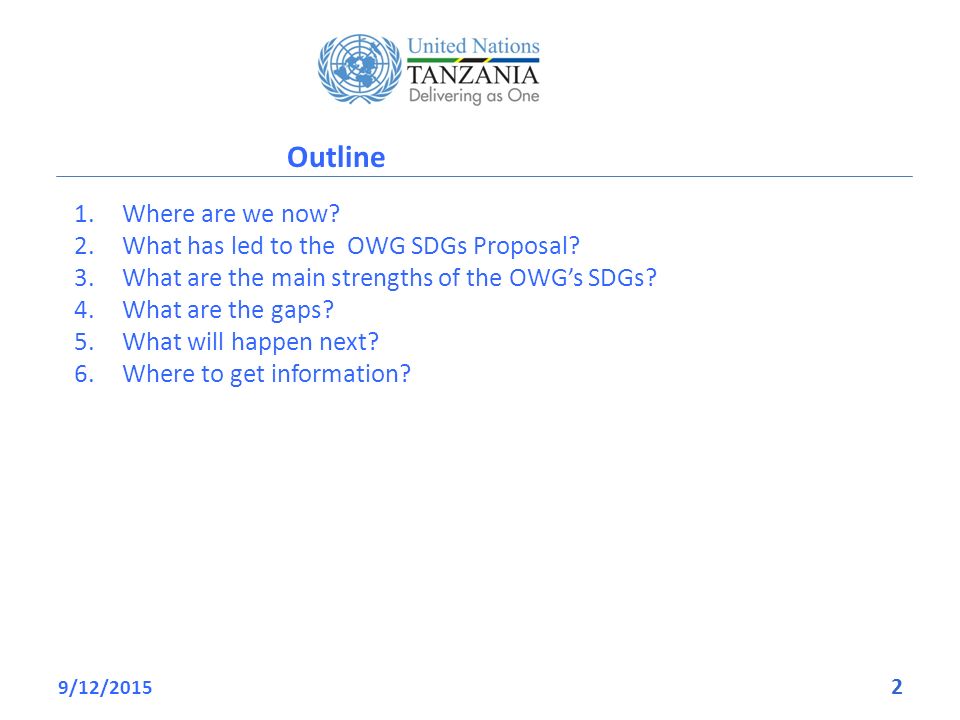 Outline 9/12/ Where are we now. 2.What has led to the OWG SDGs Proposal.