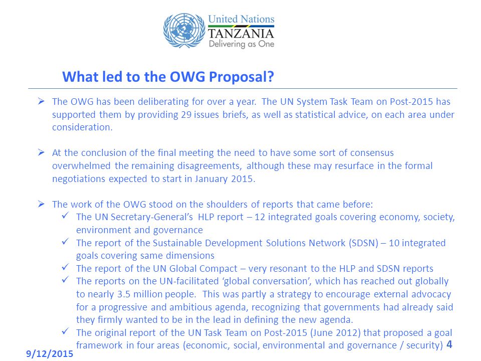 What led to the OWG Proposal. 9/12/  The OWG has been deliberating for over a year.
