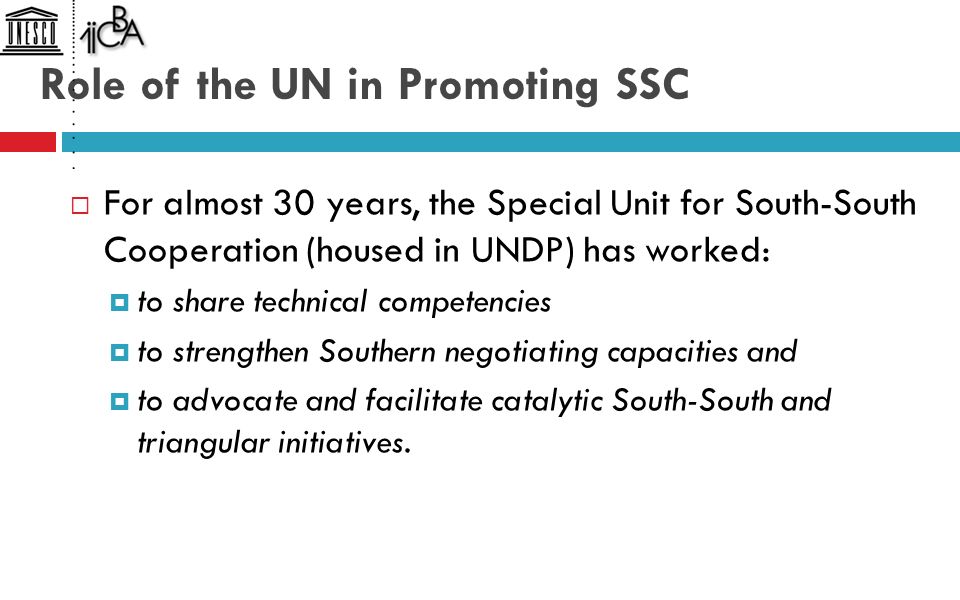 Role of the UN in Promoting SSC  For almost 30 years, the Special Unit for South-South Cooperation (housed in UNDP) has worked:  to share technical competencies  to strengthen Southern negotiating capacities and  to advocate and facilitate catalytic South-South and triangular initiatives.