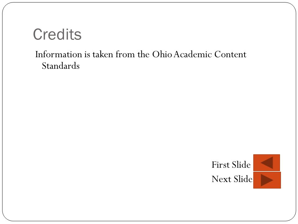 Credits Information is taken from the Ohio Academic Content Standards First Slide Next Slide