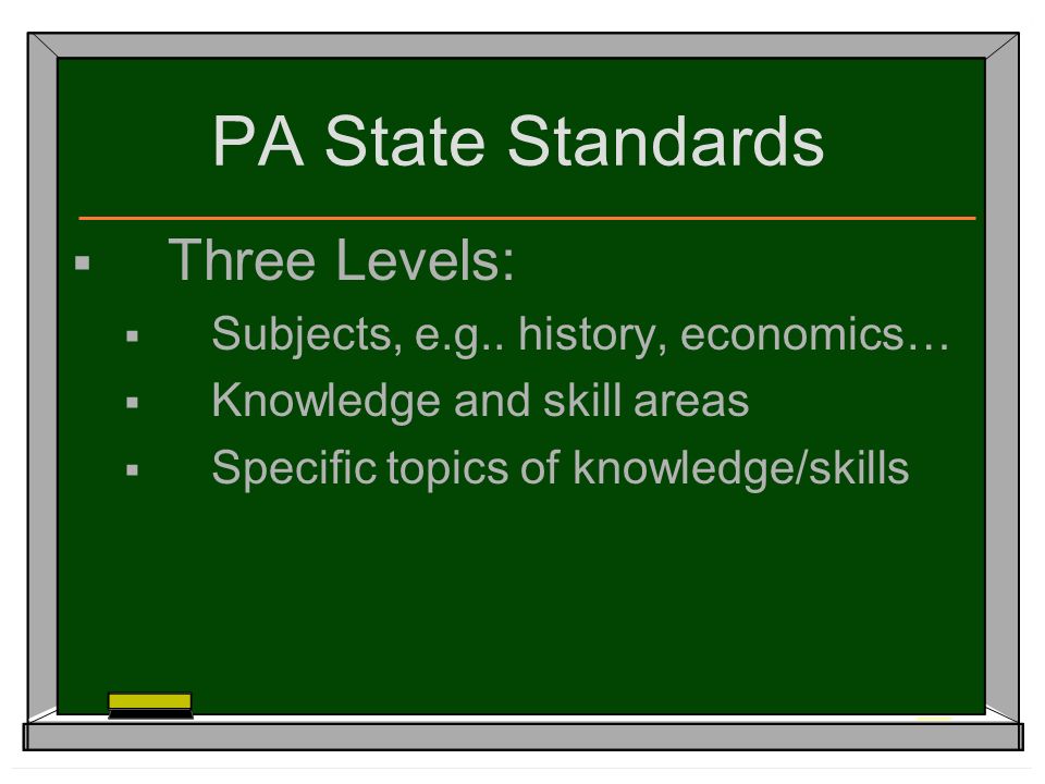 PA State Standards  Three Levels:  Subjects, e.g..