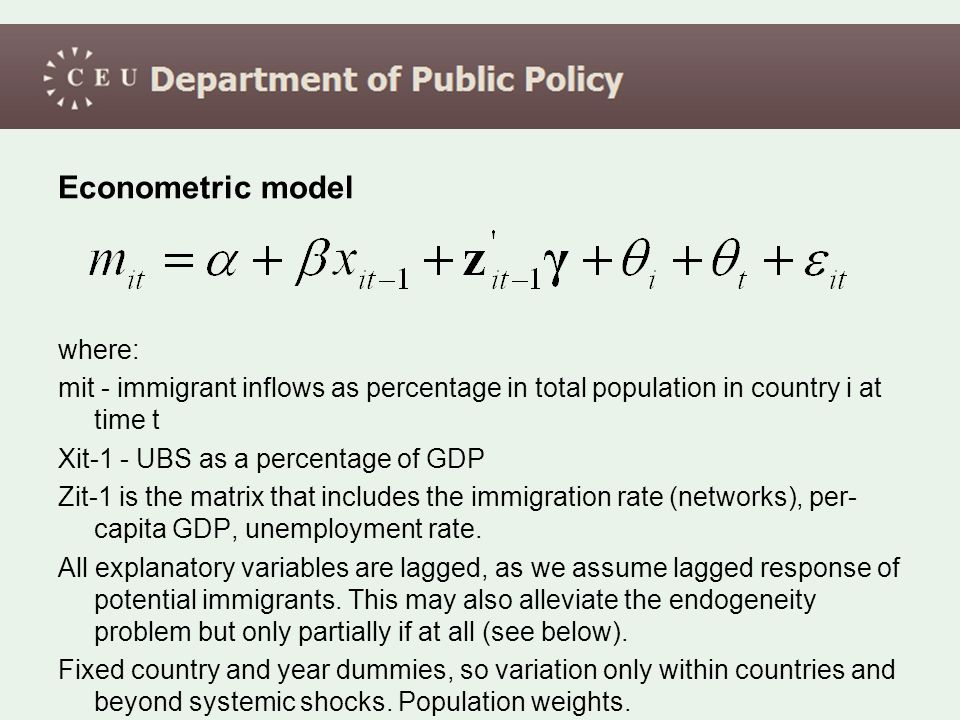 Econometric model where: mit - immigrant inflows as percentage in total population in country i at time t Xit-1 - UBS as a percentage of GDP Zit-1 is the matrix that includes the immigration rate (networks), per- capita GDP, unemployment rate.