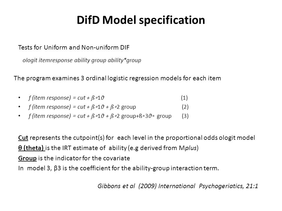 Part 2 DIF detection in STATA. Dif Detect - Stata Developed by Paul Crane  et al, Washington University based on Ordinal logistic regression (Zumbo,  1999) - ppt download