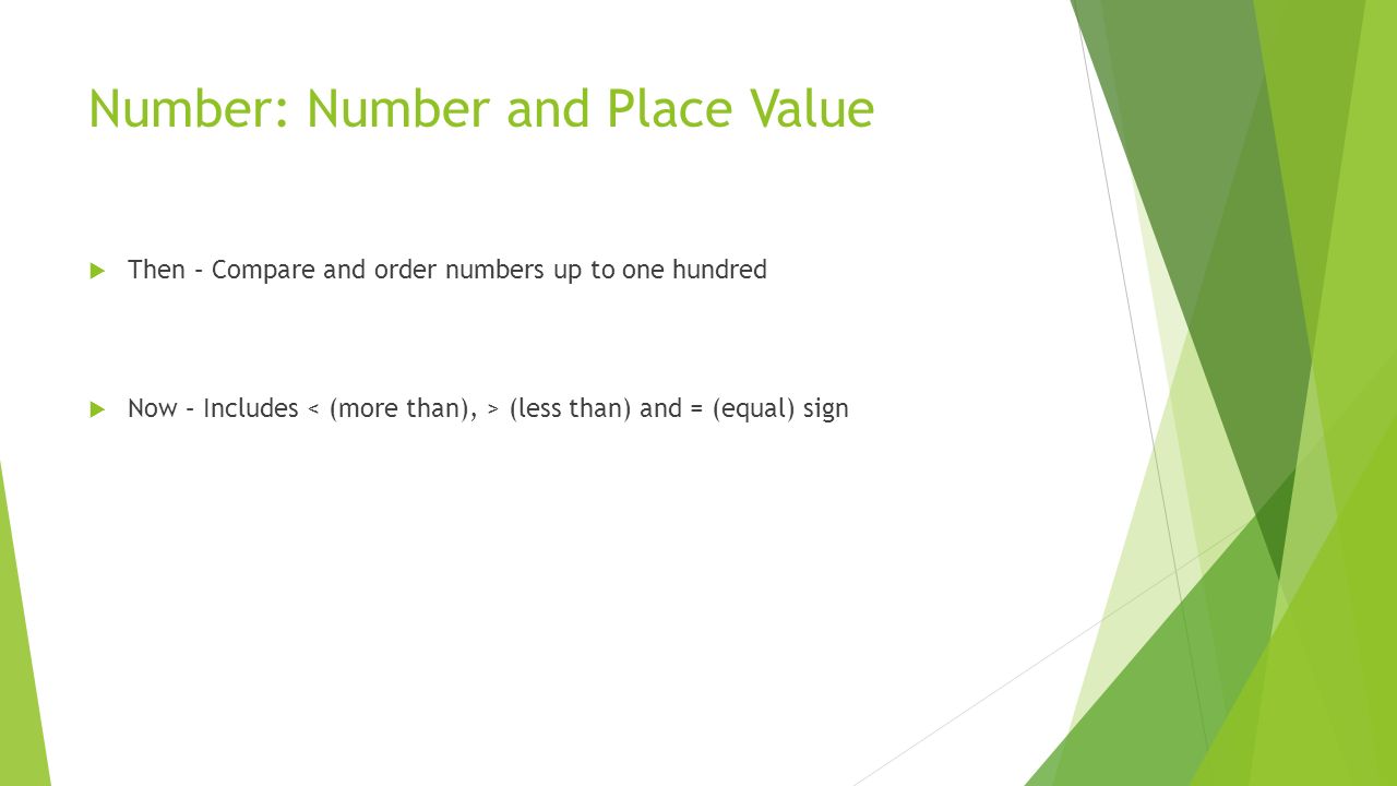 Number: Number and Place Value  Then – Compare and order numbers up to one hundred  Now – Includes (less than) and = (equal) sign