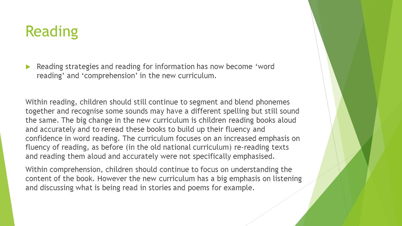 Reading  Reading strategies and reading for information has now become ‘word reading’ and ‘comprehension’ in the new curriculum.