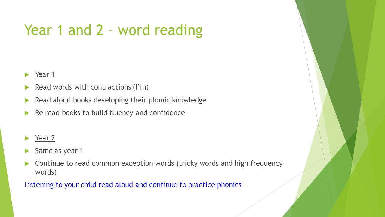 Year 1 and 2 – word reading  Year 1  Read words with contractions (I’m)  Read aloud books developing their phonic knowledge  Re read books to build fluency and confidence  Year 2  Same as year 1  Continue to read common exception words (tricky words and high frequency words) Listening to your child read aloud and continue to practice phonics