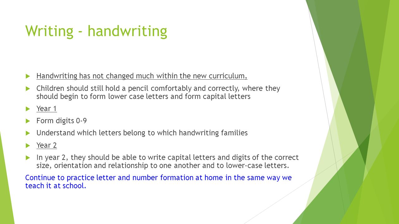 Writing - handwriting  Handwriting has not changed much within the new curriculum,  Children should still hold a pencil comfortably and correctly, where they should begin to form lower case letters and form capital letters  Year 1  Form digits 0-9  Understand which letters belong to which handwriting families  Year 2  In year 2, they should be able to write capital letters and digits of the correct size, orientation and relationship to one another and to lower-case letters.