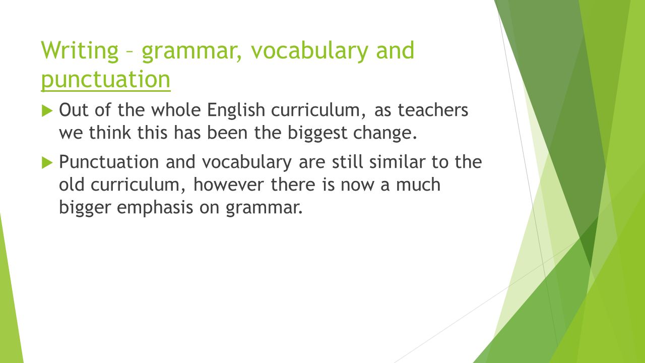 Writing – grammar, vocabulary and punctuation  Out of the whole English curriculum, as teachers we think this has been the biggest change.