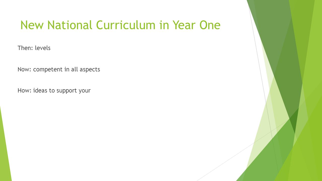 New National Curriculum in Year One Then: levels Now: competent in all aspects How: ideas to support your