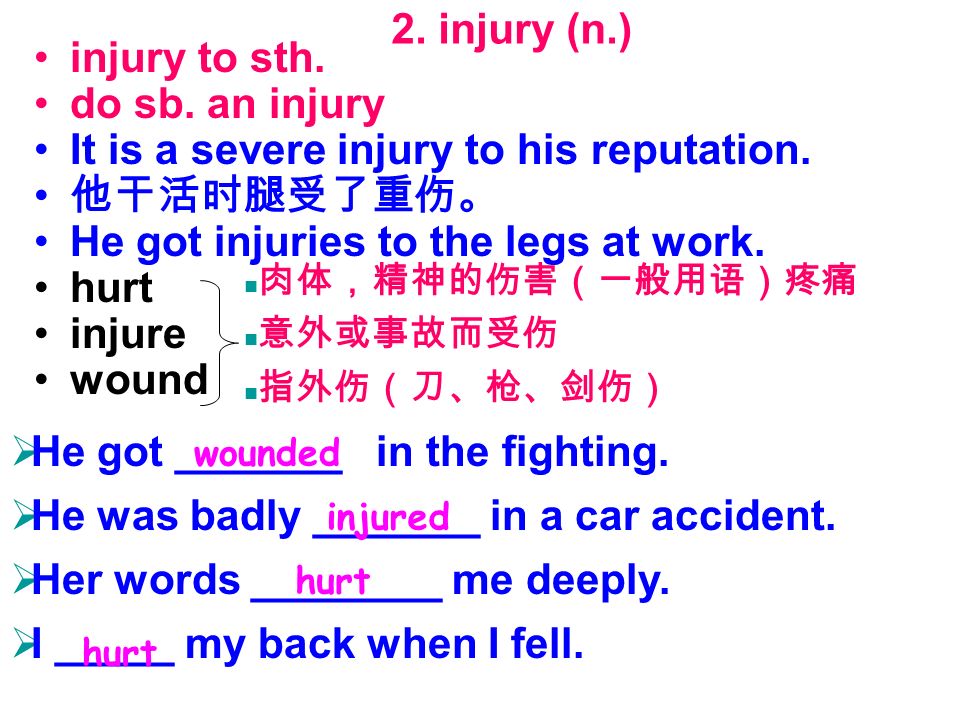 2. injury (n.) injury to sth. do sb. an injury It is a severe injury to his reputation.
