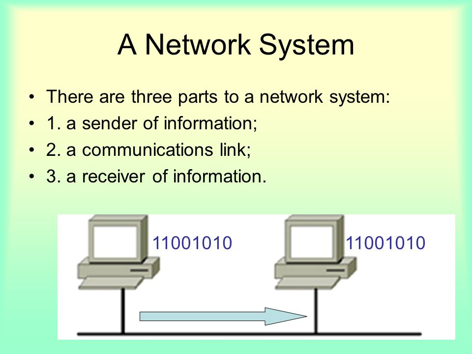A Network System There are three parts to a network system: 1.
