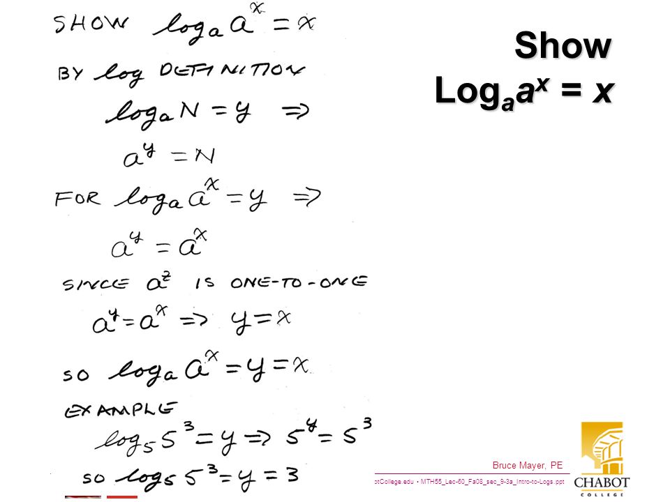 MTH55_Lec-60_Fa08_sec_9-3a_Intro-to-Logs.ppt 15 Bruce Mayer, PE Chabot College Mathematics Show Log a a x = x