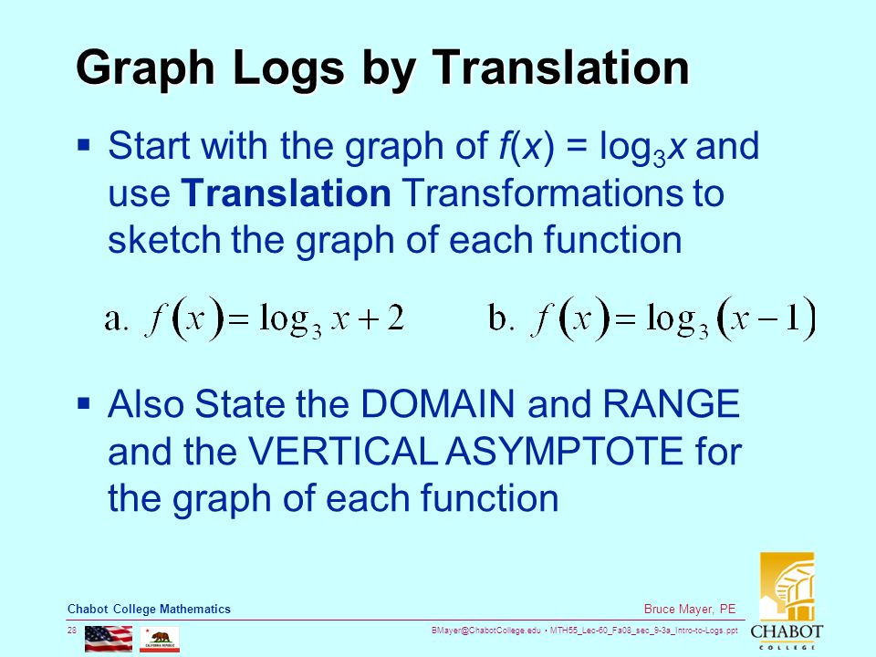 MTH55_Lec-60_Fa08_sec_9-3a_Intro-to-Logs.ppt 28 Bruce Mayer, PE Chabot College Mathematics Graph Logs by Translation  Start with the graph of f(x) = log 3 x and use Translation Transformations to sketch the graph of each function  Also State the DOMAIN and RANGE and the VERTICAL ASYMPTOTE for the graph of each function
