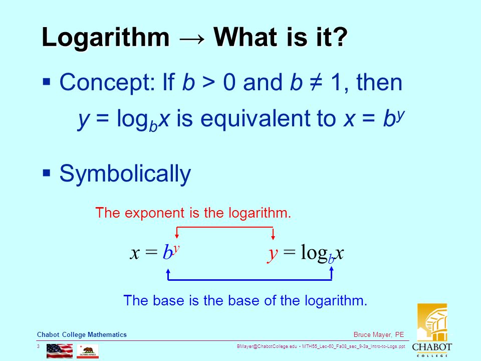 MTH55_Lec-60_Fa08_sec_9-3a_Intro-to-Logs.ppt 3 Bruce Mayer, PE Chabot College Mathematics Logarithm → What is it.