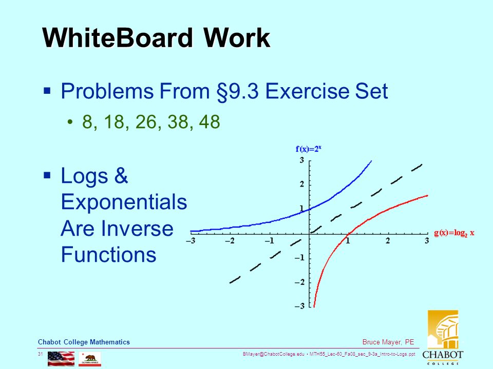 MTH55_Lec-60_Fa08_sec_9-3a_Intro-to-Logs.ppt 31 Bruce Mayer, PE Chabot College Mathematics WhiteBoard Work  Problems From §9.3 Exercise Set 8, 18, 26, 38, 48  Logs & Exponentials Are Inverse Functions