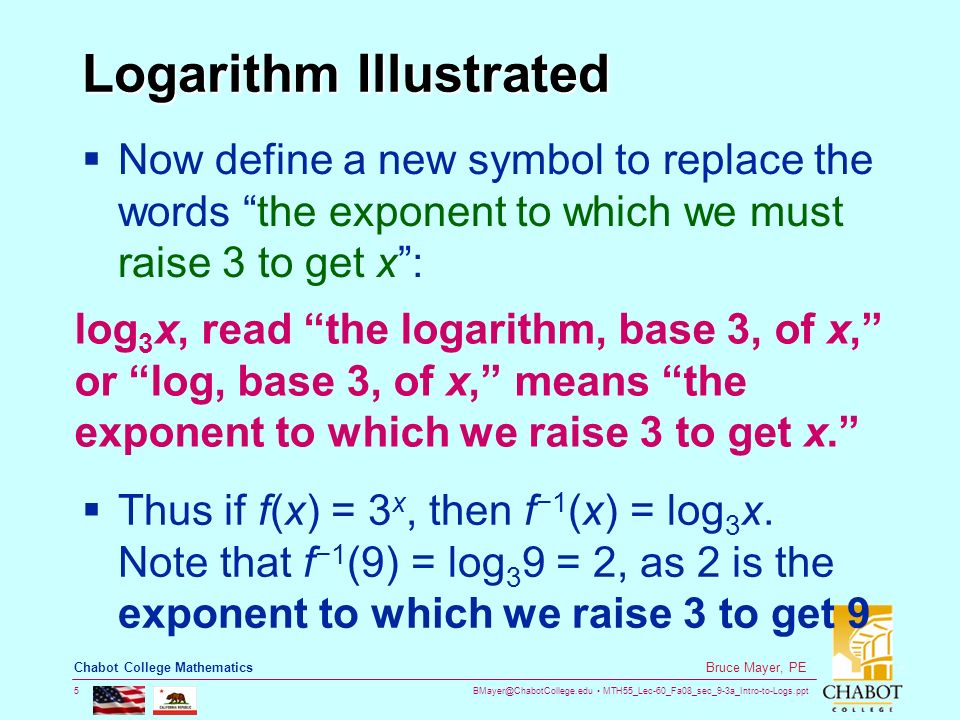 MTH55_Lec-60_Fa08_sec_9-3a_Intro-to-Logs.ppt 5 Bruce Mayer, PE Chabot College Mathematics Logarithm Illustrated  Now define a new symbol to replace the words the exponent to which we must raise 3 to get x : log 3 x, read the logarithm, base 3, of x, or log, base 3, of x, means the exponent to which we raise 3 to get x.  Thus if f(x) = 3 x, then f −1 (x) = log 3 x.