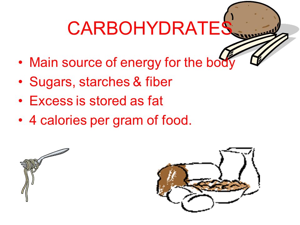 CARBOHYDRATES Main source of energy for the body Sugars, starches & fiber Excess is stored as fat 4 calories per gram of food.