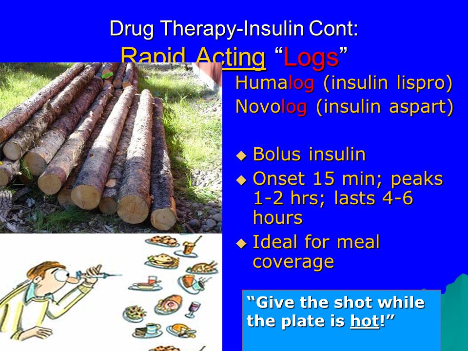 Drug Therapy-Insulin Cont: Rapid Acting Logs Humalog (insulin lispro) Novolog (insulin aspart)  Bolus insulin  Onset 15 min; peaks 1-2 hrs; lasts 4-6 hours  Ideal for meal coverage Give the shot while the plate is hot!