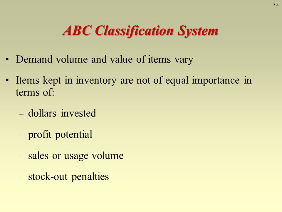 32 ABC Classification System Demand volume and value of items vary Items kept in inventory are not of equal importance in terms of: – dollars invested – profit potential – sales or usage volume – stock-out penalties