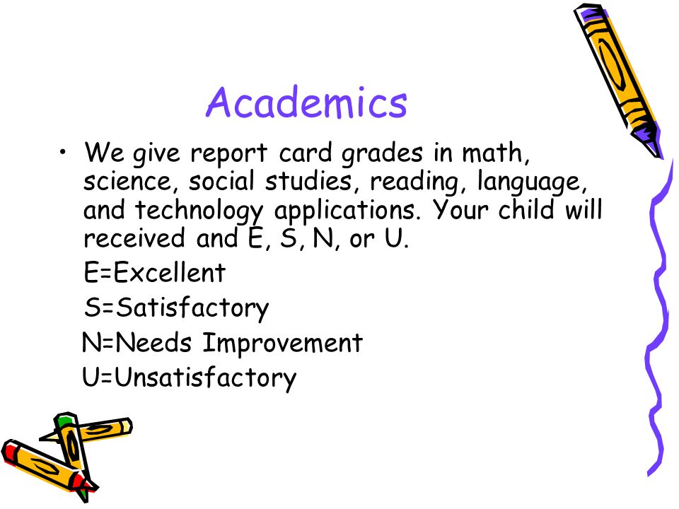 Academics We give report card grades in math, science, social studies, reading, language, and technology applications.