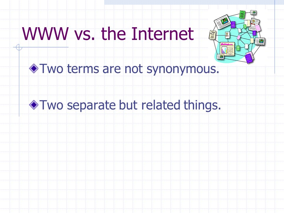 WWW vs. the Internet Two terms are not synonymous. Two separate but related things.