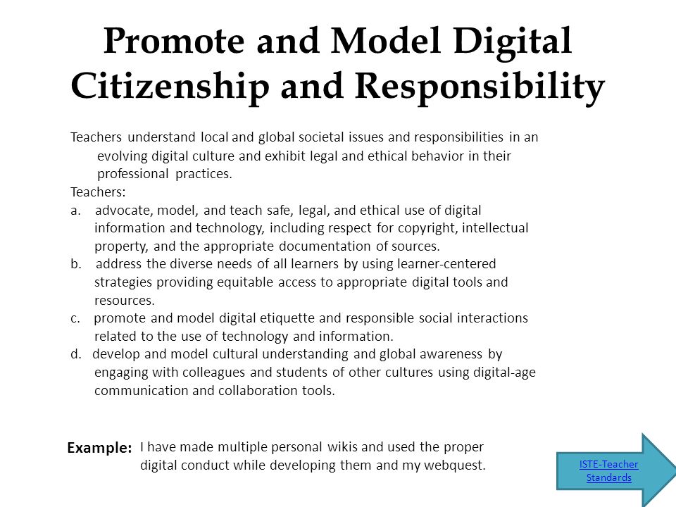 Promote and Model Digital Citizenship and Responsibility Teachers understand local and global societal issues and responsibilities in an evolving digital culture and exhibit legal and ethical behavior in their professional practices.